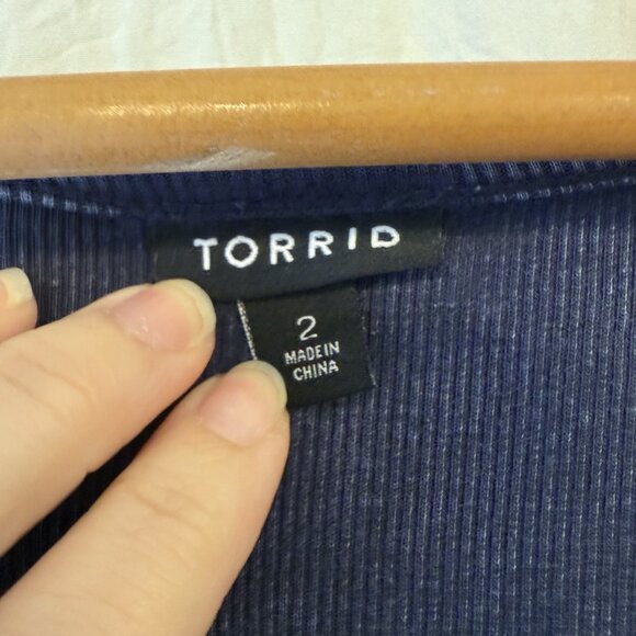 Torrid Cotton Modal Top Sz 2 Rib Scoop Neck Crochet Long Sleeve Indigo Blue Boho - Picture 5 of 7